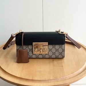 Gucci Black, Brown & Beige GG Canvas Shoulder Bag with Gold Hardware